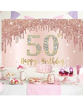 50th Happy Birthday Backdrop Banner - Rose Gold Pink